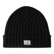 Logo Beanie van extrafijne wol C.p. Company , Black , Heren