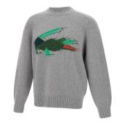 Grijze Wollen Trui met Logoborduursel Lacoste , Gray , Heren