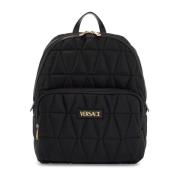 Gewatteerde Nylon Rugzak met Gouden Logo Versace , Black , Heren