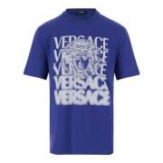 Katoen Crew Neck Logo Print T-shirt Versace , Blue , Heren