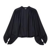 Zijden Geplooide Mandarin Kraag Blouse Róhe , Black , Dames