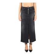 Denim Stretch Lange Rok met Juweelknoopsluiting Dondup , Black , Dames