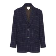 Oversized Blazer Navy Blue Check Gestuz , Blue , Dames