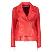 Biker Style Leren Jas Off White , Red , Dames