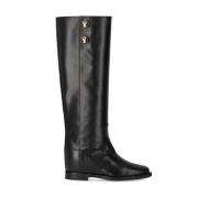 Zwarte leren knooplaarzen met sleehak Via Roma 15 , Black , Dames