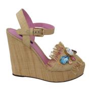 Luxe Beige Zijden Rhinestone Sleehak Sandalen Dolce & Gabbana , Beige ...