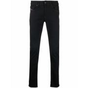 Zwarte Slim Fit Katoenen Jeans met Geborduurd Logo Diesel , Black , He...