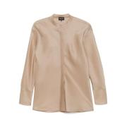 Zijden Taffeta Overhemd met Bandkraag Giorgio Armani , Beige , Dames