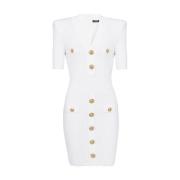 Witte Gebreide V-Hals Jurk met Goudkleurige Knopen Balmain , White , D...