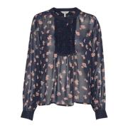 Donkerblauwe Mini Vervaagde Bloemenblouse Part Two , Blue , Dames