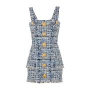 Tweed Bustier Stijl Blauw-Grijs Jurk Balmain , Blue , Dames