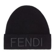 Zwarte Wollen Beanie Muts Geborduurd Fendi , Black , Heren