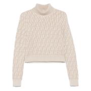 Witte Jacquard Sweater Geribbeld Hoge Col Fendi , White , Dames