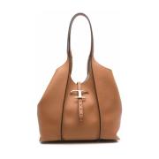 Bruin Leren Tote Tas met Goudkleurig Logo Tod's , Brown , Dames