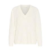 Gebreide Trui met V-hals en Patroon Kaffe , White , Dames