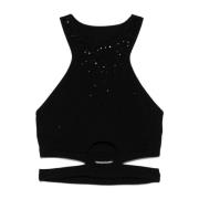 Zwarte Geribbelde Mouwloze Top met Strass Andrea Adamo , Black , Dames