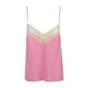 Crepe en kant V-hals top Jucca , Pink , Dames