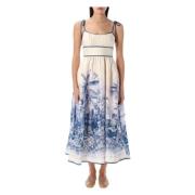 Palm Bloemen Midi Jurk Wit Blauw Zimmermann , Multicolor , Dames