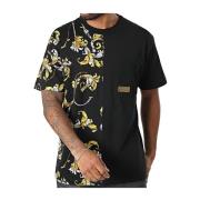 Zwarte bloemen T-shirt met metalen logo Versace Jeans Couture , Black ...