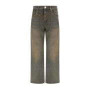 Denim Straight Broek met Leren Patch Pinko , Brown , Dames