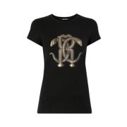 Slangenprint katoenen T-shirt Roberto Cavalli , Black , Dames