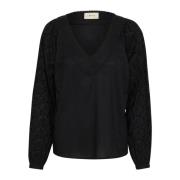 Elegante Pitch Black Blouse met V-Hals Cream , Black , Dames