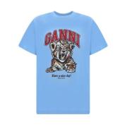 Tijgerprint Katoenen Relaxte T-shirt Ganni , Blue , Dames