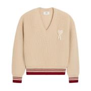 Crème Wit V-hals Gebreide Trui Sweater Ami Paris , Beige , Heren