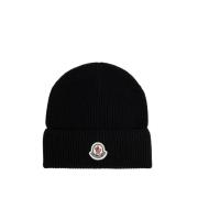 Zwarte Katoenen Beanie met Logopatch Moncler , Black , Unisex