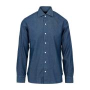 Donkere Denim Overhemd met Microbloemen Barba , Blue , Heren