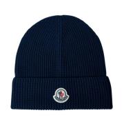 Logo Patch Beanie Hat van katoenbreisel Moncler , Blue , Heren