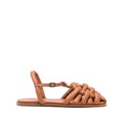 Bruin Leren Platte Sandalen Hereu , Brown , Dames