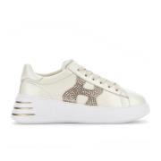 Leren Sneakers met Parelmoer Effect en Strass Hogan , Beige , Dames