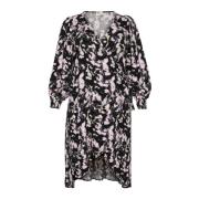 Grafische Strokes Jurk met Smock Manchetten Kaffe Curve , Black , Dame...