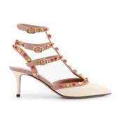 Studded Leren Slingback met Stenen Valentino Garavani , Beige , Dames