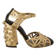 Zwarte Gouden Leren Studs Enkelband Schoenen Dolce & Gabbana , Multico...