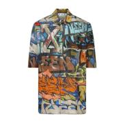 Graffiti Print Korte Mouw Overhemd Off White , Multicolor , Heren