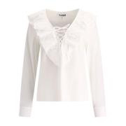 Katoenen Ruche Blouse V-hals Vrouwen Ganni , White , Dames