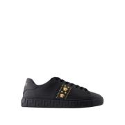 Zwarte Leren Sneakers - Ronde Neus Versace , Black , Heren