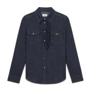 Denim Ruffle Blouse Oltre , Blue , Dames