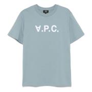 Blauw Velours Logo Crew Neck T-shirt A.p.c. , Blue , Heren