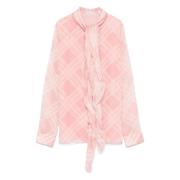 Roze Zijden Check Neck Blouse Burberry , Pink , Dames