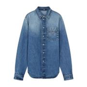 Denim Logo Geëtst Shirt Versace , Blue , Heren