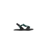 Platte sandalen in zwart leer met groen touwdetail Plan C , Black , Da...