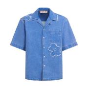 Blauwe Bloemen Geborduurde Denim Overhemd Marni , Blue , Heren