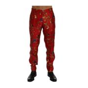 Elegante zijden vogelprint broek Dolce & Gabbana , Red , Heren