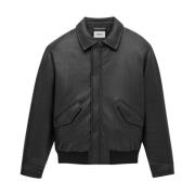 Klassieke Leren Bomberjas Saint Laurent , Black , Heren