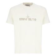 Heren Ivory Katoenen T-shirt met Logo Stone Island , Beige , Heren