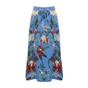 Blauwe Midi Rok met Surrealistische Bloemen Farm Rio , Blue , Dames