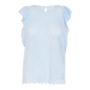 Blauwe mouwloze blouse met broderie anglaise Cream , Blue , Dames